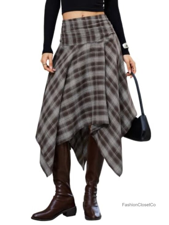 Dresses & Skirts - Y2K Plaid Asymmetrical Hem Midi Skirt High Rise Ruched Handkerchief Skirt